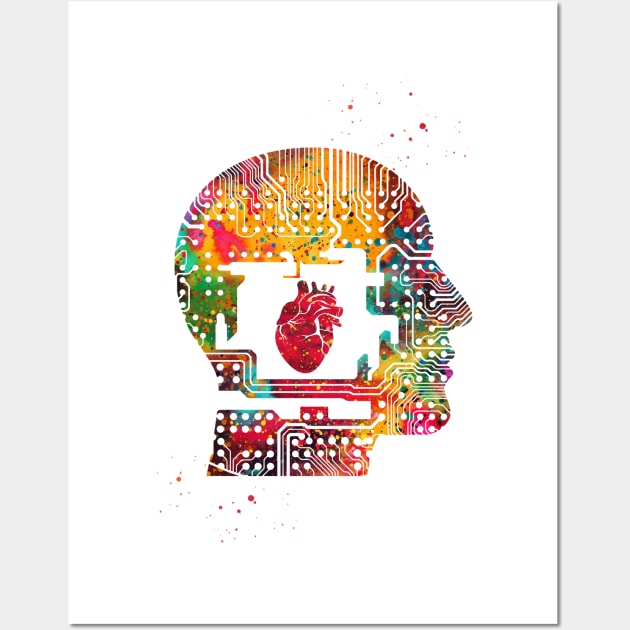 Circuit Man head with heart Wall Art by erzebeth